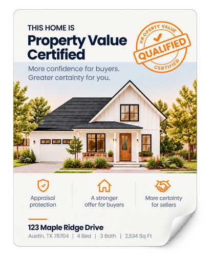 A Property Value Certified flyer with appraisal protection icons and a home address