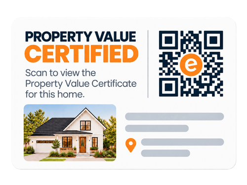 A Property Value Certified card with a QR code to scan for details